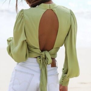 Free People Elle Silky High Neck Open Back Blouse